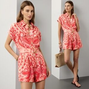 Farm Rio Jaipur Belted Linen Romper Red Coral Medium NEW Bamboo Belt Buckle